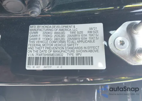 2021 Honda Cr-V Hybrid Touring z USA, uszkodzony, nr VIN 7FART6H95ME038632